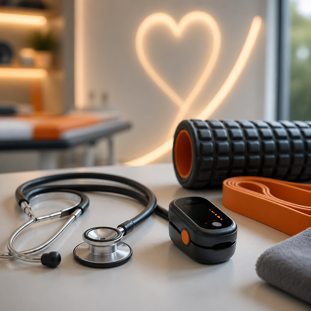 Sports-safety screening scene with a stethoscope and medical device placed beside training accessories on a clean desk, showing no readable text or labels.