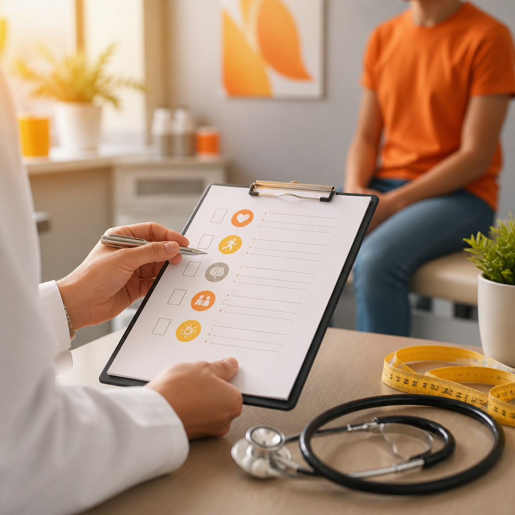 A clinician’s hands reviewing a teen wellness checklist beside a stethoscope and measuring tape on a clean exam table, with no readable text visible.