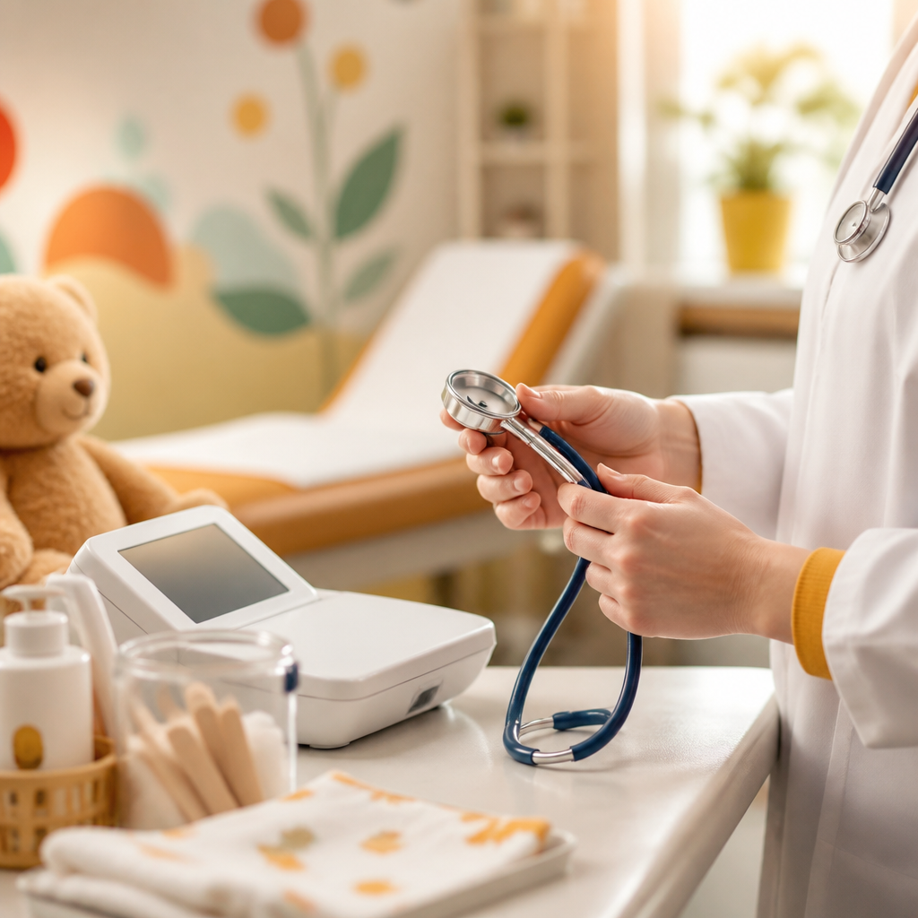 A bright pediatric exam room scene with a clinician preparing medical tools for evaluating a child’s acute symptoms, with warm orange and soft yellow accents and no readable text.
