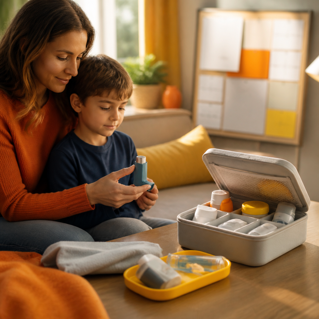 A calm home scene showing a caregiver preparing an inhaler and a neatly organized, non-labeled chronic care kit for ongoing asthma management with warm orange and soft yellow accents.