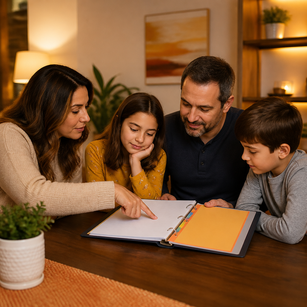 A family reviewing an organized pediatric care binder with color-coded, non-labeled tabs in a warm indoor setting, with brand-aligned orange and soft yellow accents and no readable text.