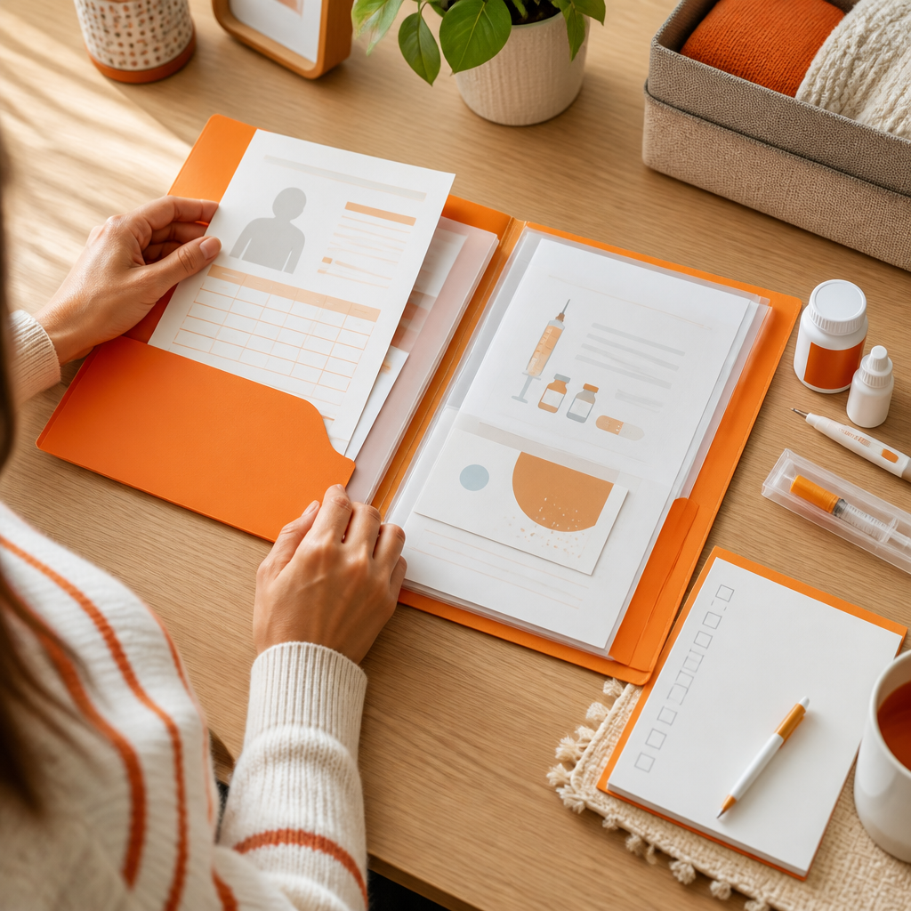A caregiver organizing a folder of immunization paperwork and allergy medication notes on a home table with a blank checklist pad.
