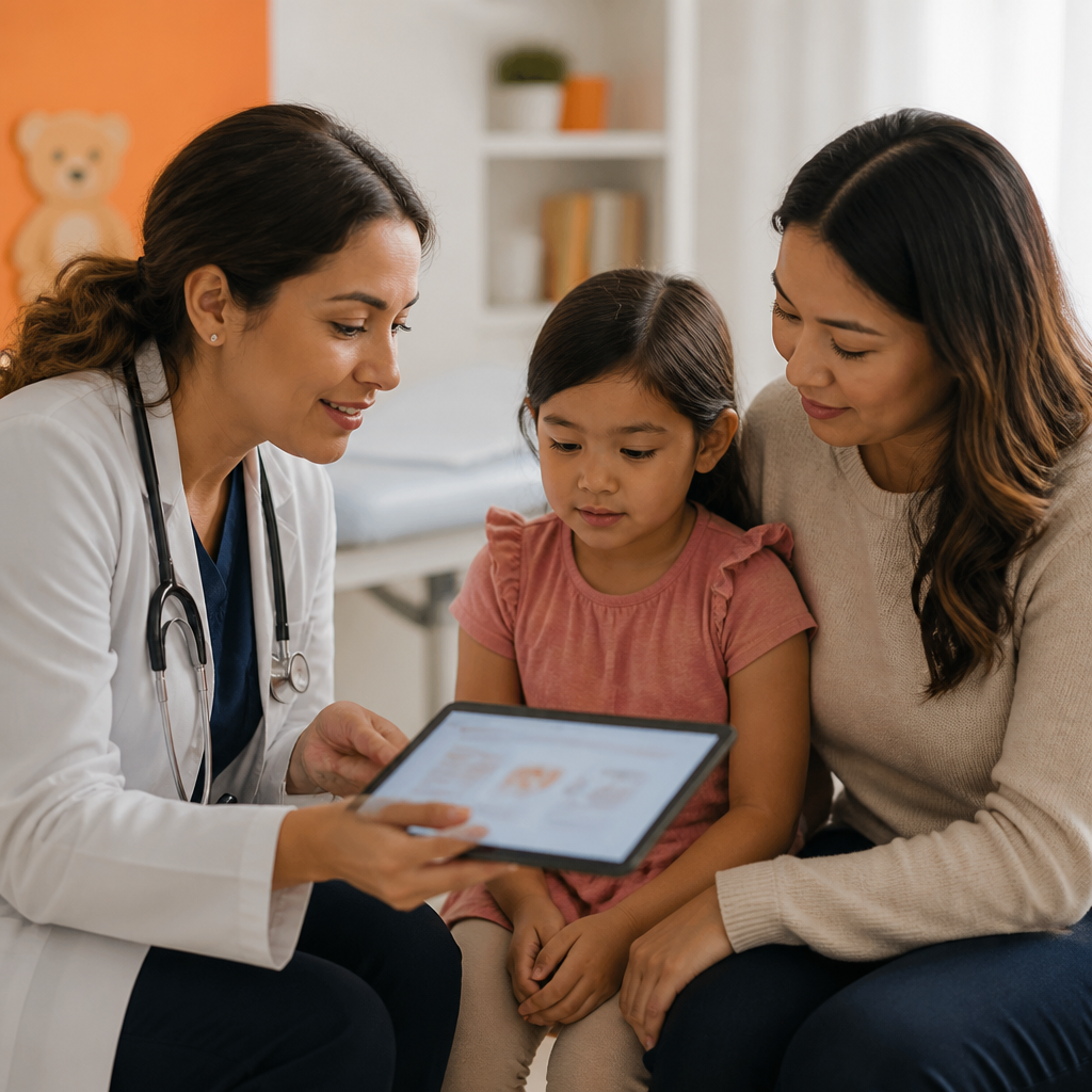 A clinician speaking with a guardian in a bright pediatric clinic while a tablet displays a non-readable medical chart.