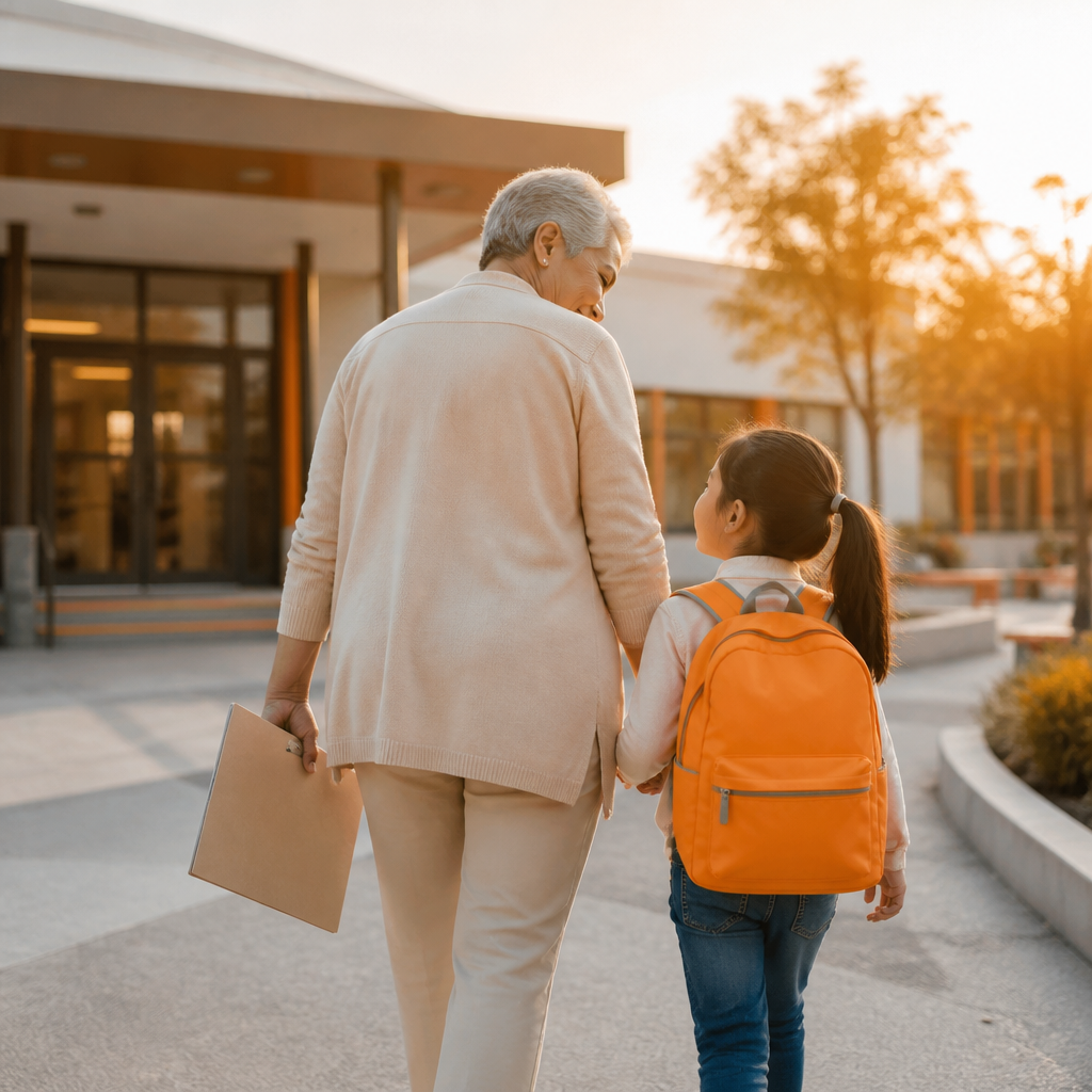 A grandparent guiding a young child toward a school entrance while holding a blank immunization record folder in warm editorial lighting.