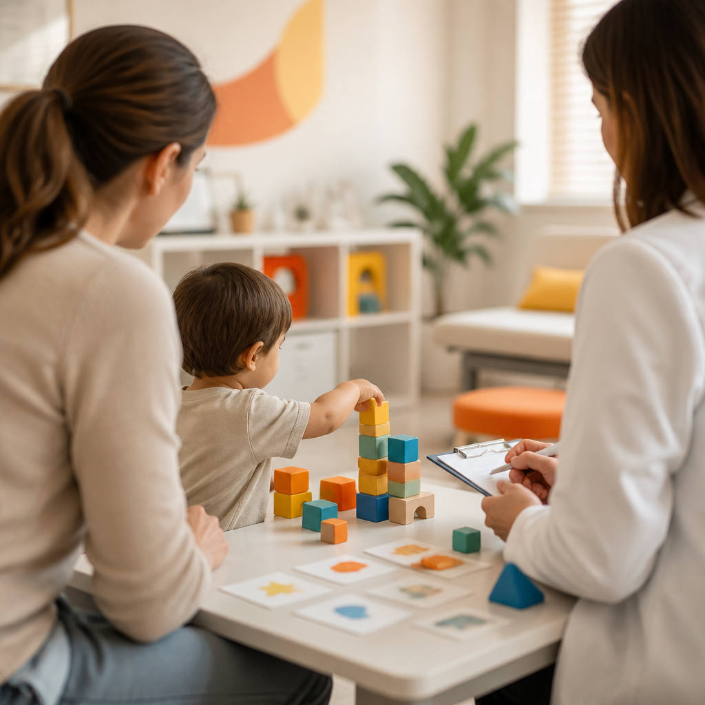 A calm scene of a parent and pediatric clinician observing a young child playing with colorful developmental toys to represent milestone development and chronic-care guidance.