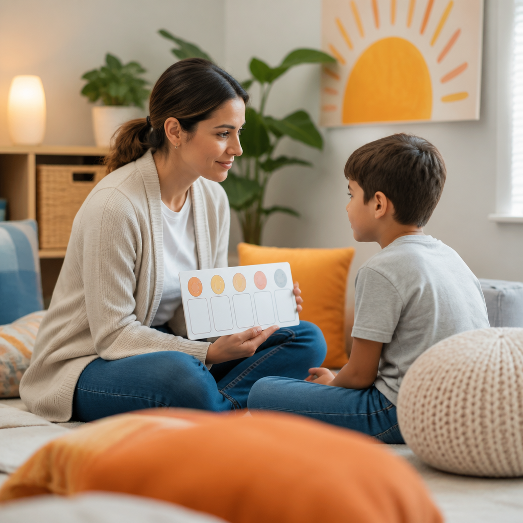 A caregiver and child in a calm, supportive setting with soothing visual cues representing child mental health support while seeking answers.