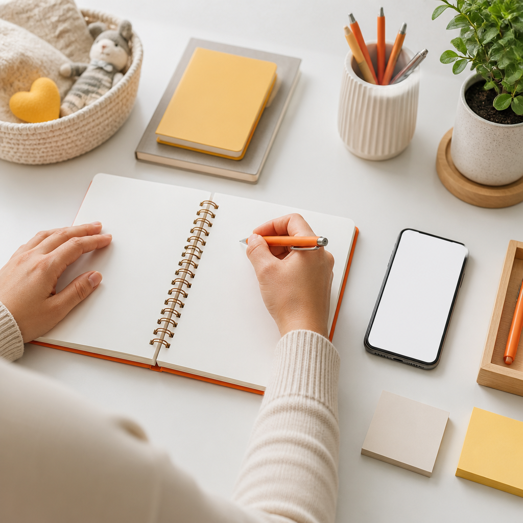 Hands documenting observations in a blank notebook at home, representing tracking patterns and preparing information for a pediatric developmental appointment.
