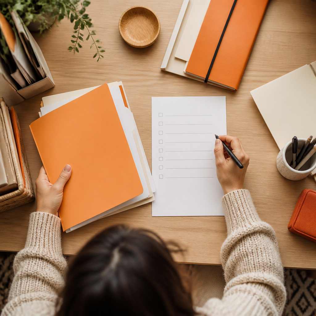 Overhead view of a desk with organized blank paperwork and a pen, accented in warm orange tones