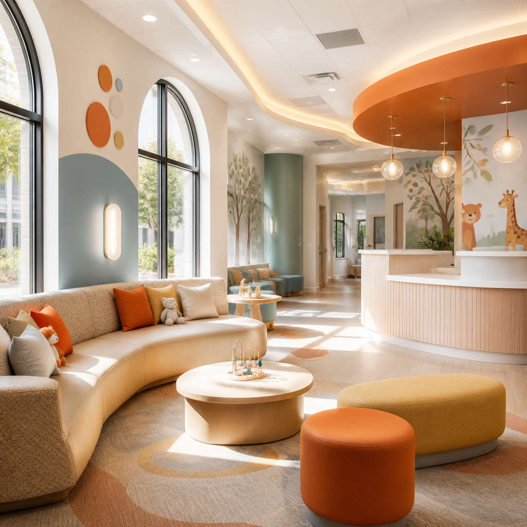A bright pediatric clinic waiting area with warm lighting and subtle orange and gold decor accents
