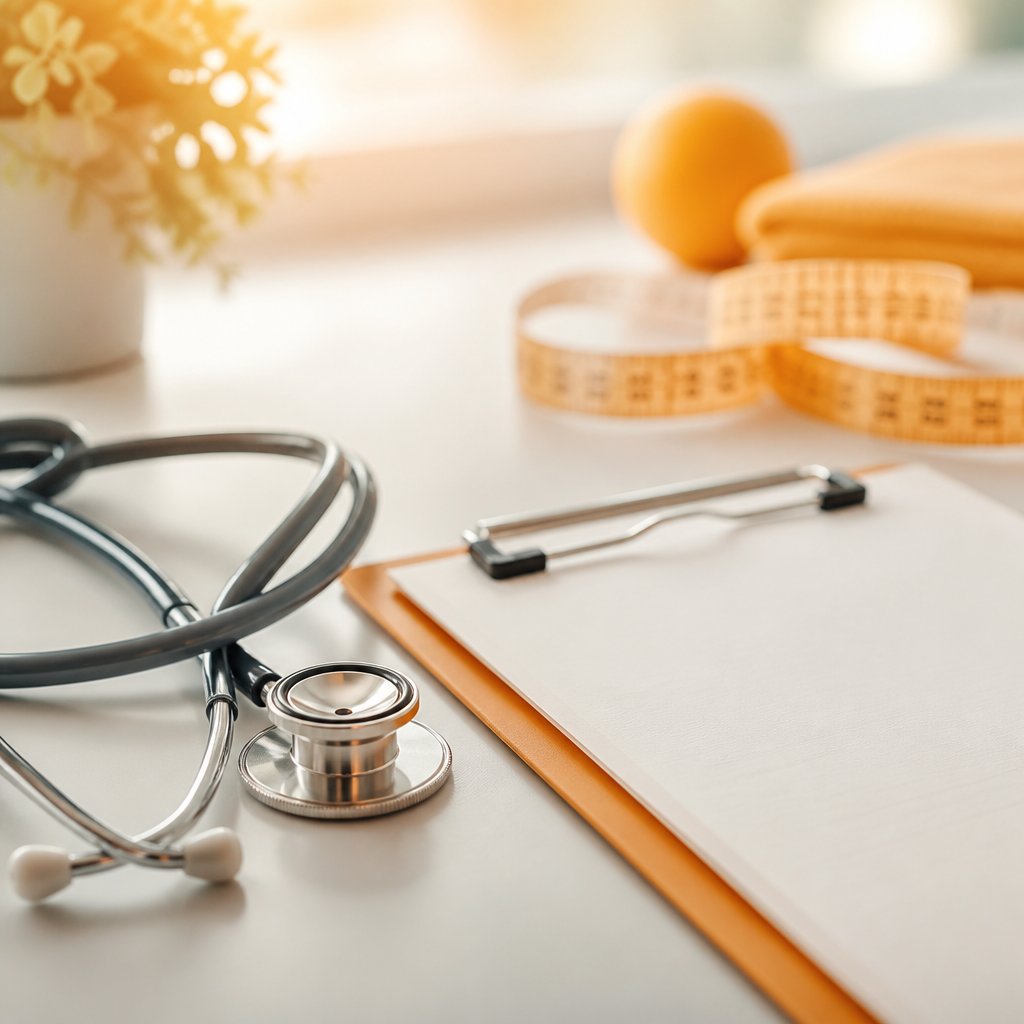 A stethoscope resting on a clipboard with a blank form and a measuring tape, accented with warm orange and gold tones