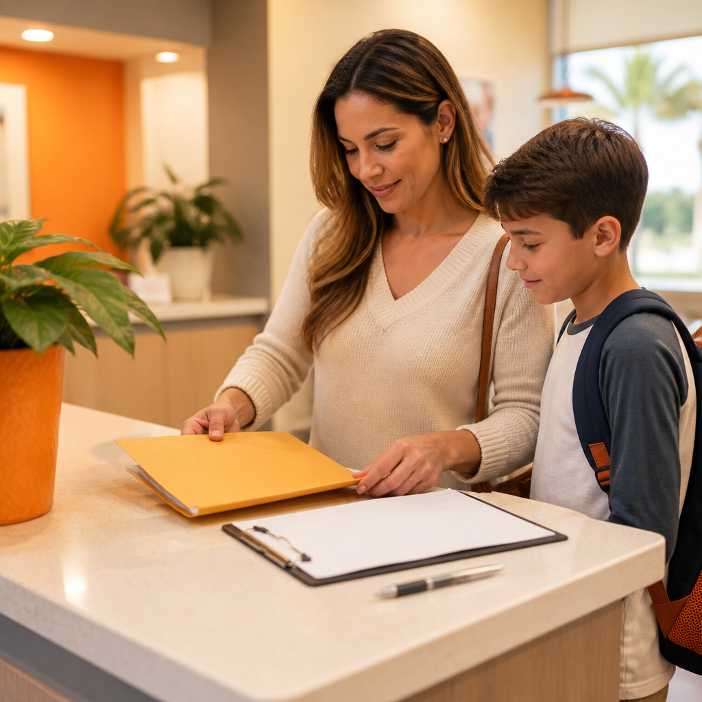 A parent organizing a folder of school physical paperwork and immunization records on a clinic reception desk, with a pen and clipboard ready for review.