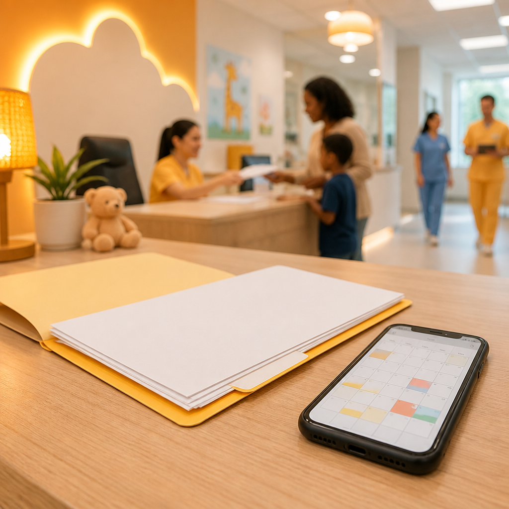 A family reviewing insurance and scheduling documents in a pediatric clinic office while a smartphone shows an unlabeled calendar view.