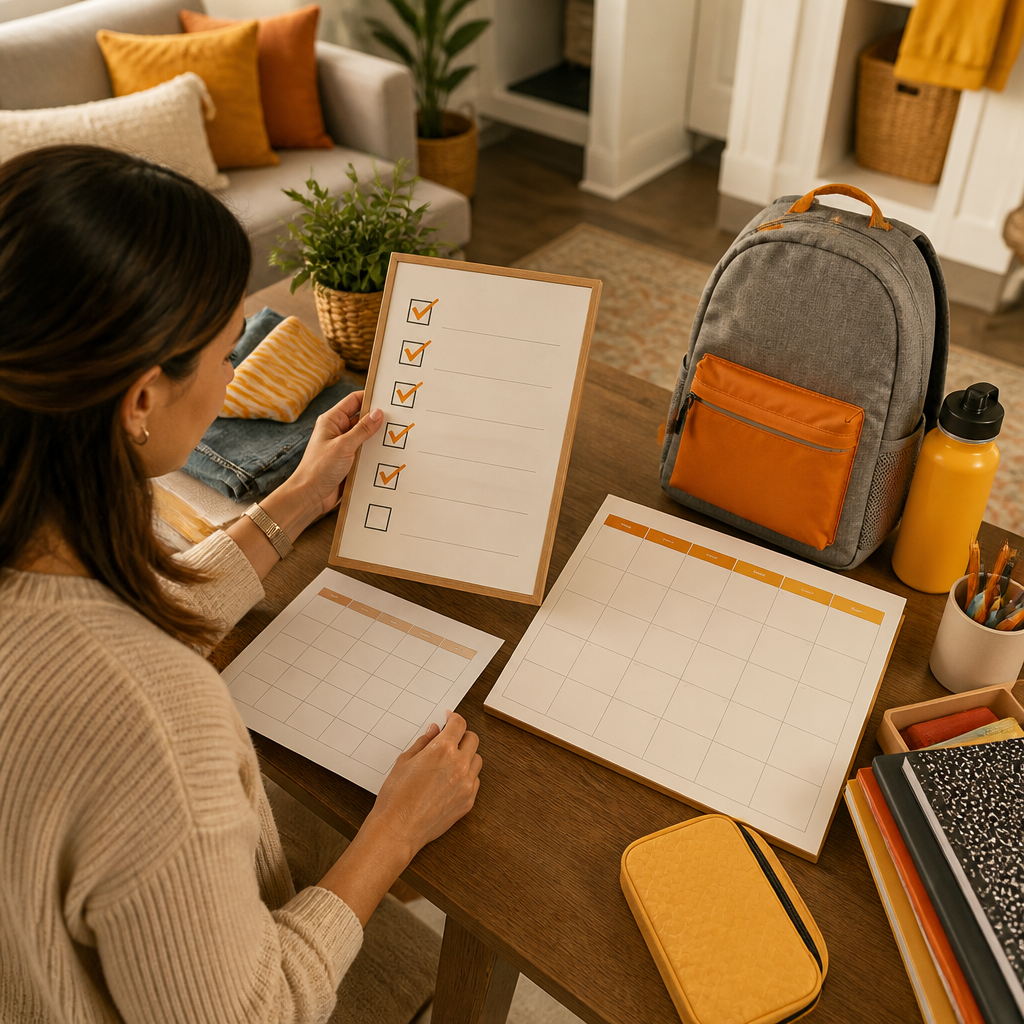 A parent reviewing a checklist for returning students next to a backpack and an undated calendar sheet, conveying readiness before the school season.